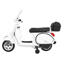 Skuter Vespa elektryczny dla dzieci Biały + Kółka pomocnicze + Audio + Ekoskóra + EVA + Wolny Start