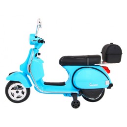 Skuter Vespa elektryczny dla dzieci Niebieski + Kółka pomocnicze + Audio + Ekoskóra + EVA + Wolny Start