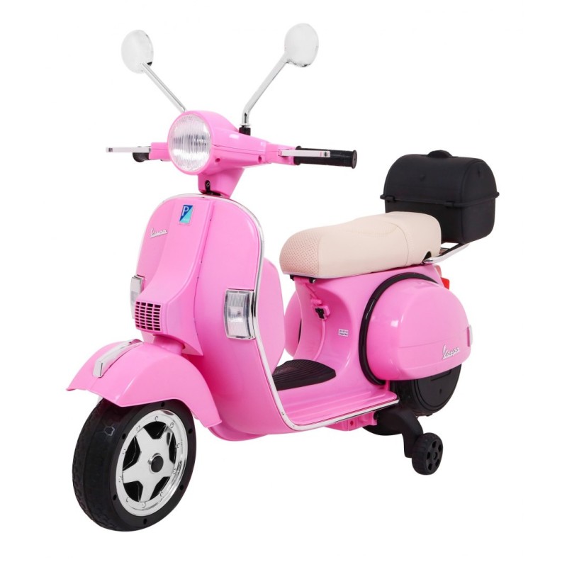 Skuter Vespa elektryczny dla dzieci Różowy + Kółka pomocnicze + Audio + Ekoskóra + EVA + Wolny Start